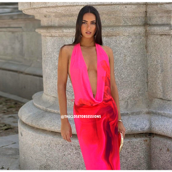 ZARA Fuchsia Open Back Midi Dress NWT | Blogger Fave Halter Neck - Picture 1 of 16